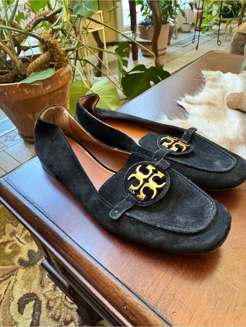 Tory Burch Black Suede Loafers with Gold Logo Medallion